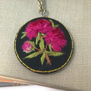 Round Hand Embroidered Fuchsia Peony Bouquet Pendant Necklace